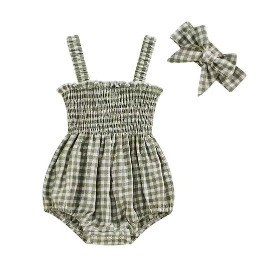 Olive Gingham Bubble Romper + Bow