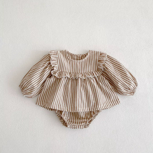Brown Stripe Ruffle Bloomer Set
