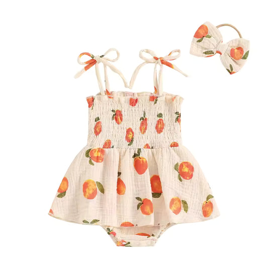 Peach Smocked Bubble Romper + Headband