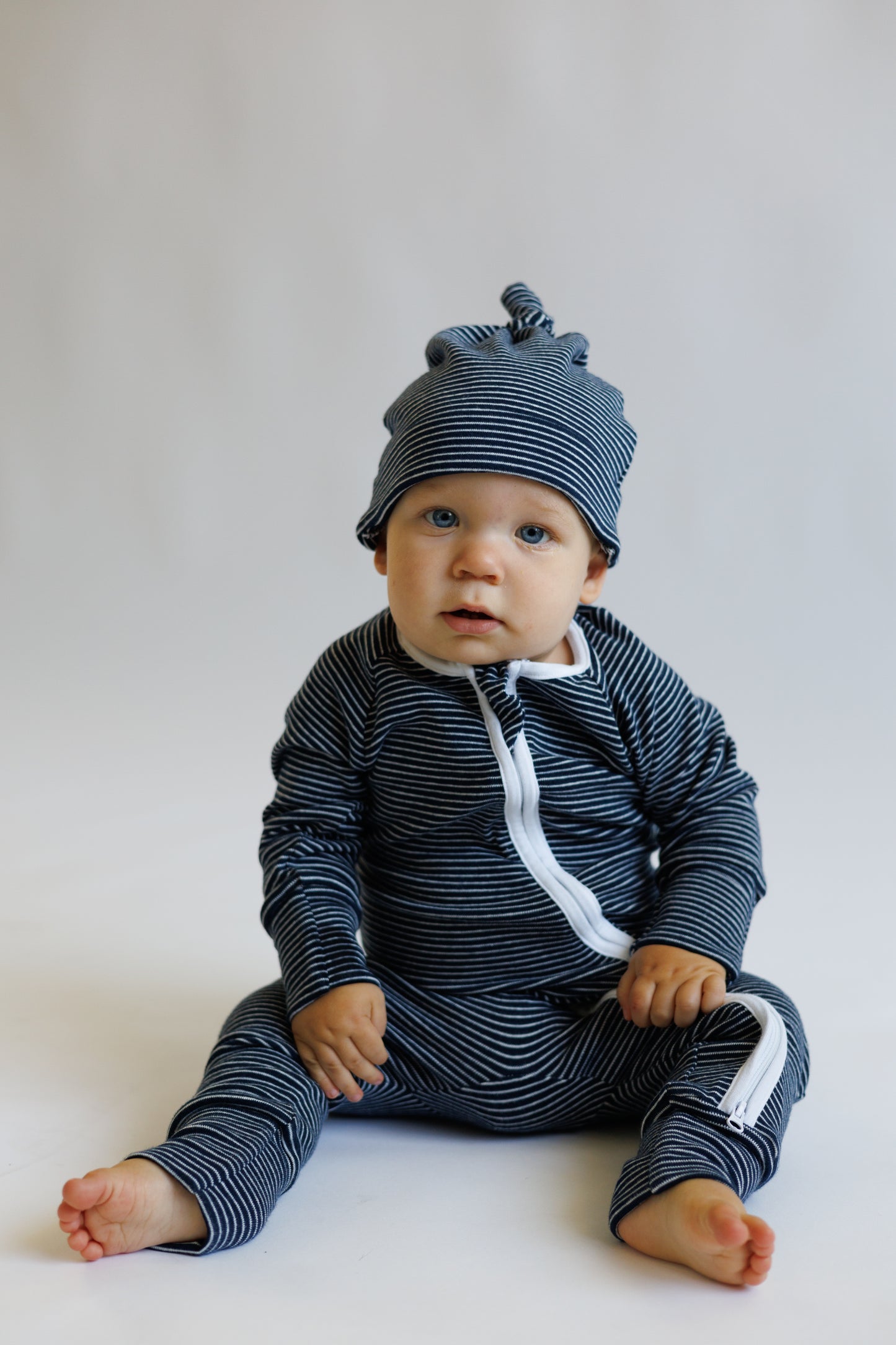 Organic Cotton Striped Peek-A-Poo Pajama in Navy Blue