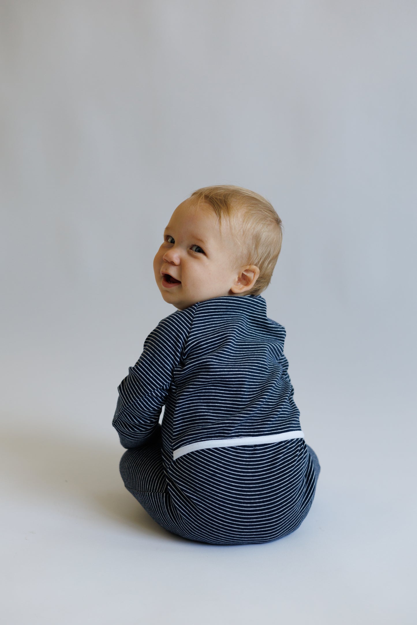 Organic Cotton Striped Peek-A-Poo Pajama in Navy Blue